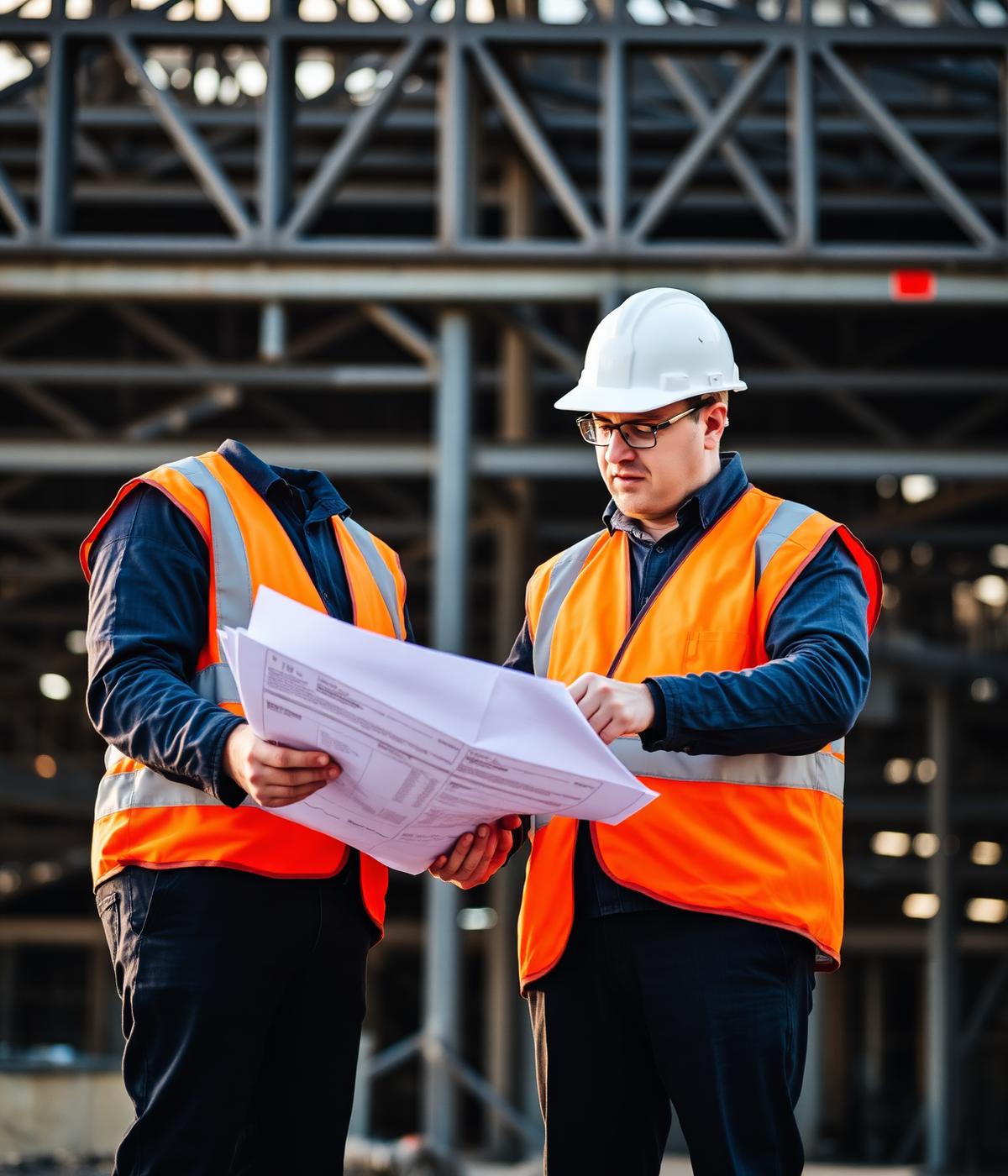 Site supervisor and worker in hi-vis reviewing construction drawings